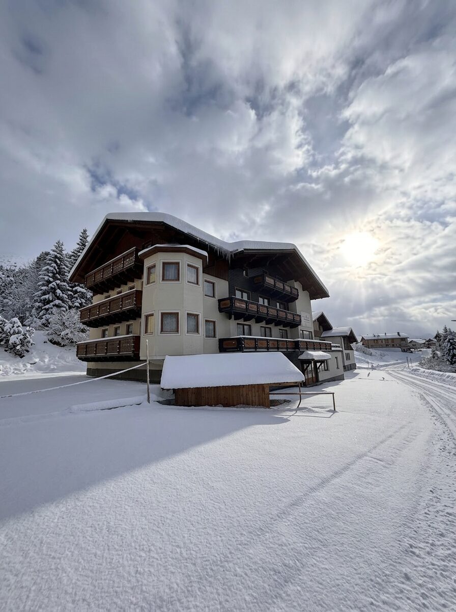 Bogensperger im Winter mit sonniger Bergkulisse